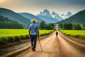 un hombre caminando abajo un suciedad la carretera con un caña. generado por ai foto