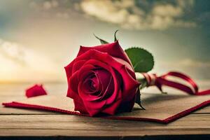 the rose is on a wooden table with a red ribbon. AI-Generated photo