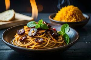 spaghetti with mushrooms and tomatoes in a bowl. AI-Generated photo