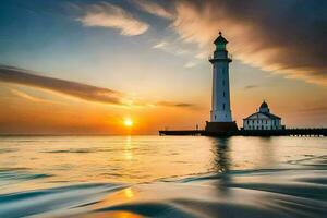 a lighthouse stands on the shore of the ocean at sunset. AI-Generated photo