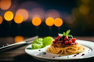 espaguetis con bayas y tomate salsa en un lámina. generado por ai foto