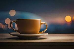 a coffee cup sits on a table with a blurred background. AI-Generated photo