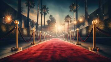 Red carpet and barriers with velvet rope, red curtains in the background and spotlight photo