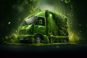 Green Eco bus on the road with forest background photo