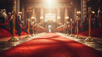 Red carpet and barriers with velvet rope, red curtains in the background and spotlight photo