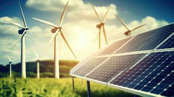 Solar panels and wind turbines in a field. Alternative energy sources. photo