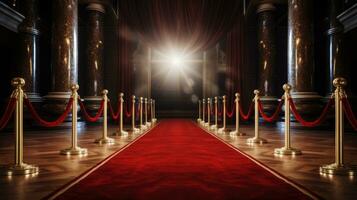 Red carpet and barriers with velvet rope, red curtains in the background and spotlight photo