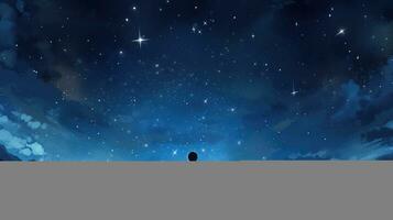 Back view of little boy looking at night sky with moon and stars background photo