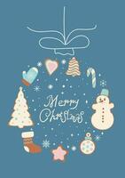 Postcard with gingerbread cookies and the inscription Merry Christmas. Vector graphics.