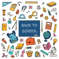 Background of school icons in doodle style. School education. Back to school doodle drawing. Vector illustration