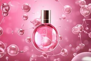 Perfume bottle on pink background photo