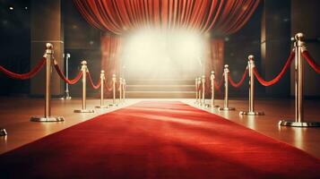 Red carpet and barriers with velvet rope, red curtains in the background and spotlight photo