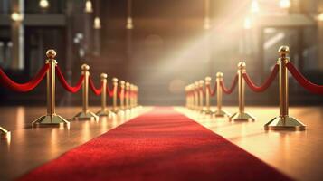 Red carpet and barriers with velvet rope, red curtains in the background and spotlight photo