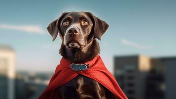 Portrait of a dog dressed as a superhero with a red cape photo