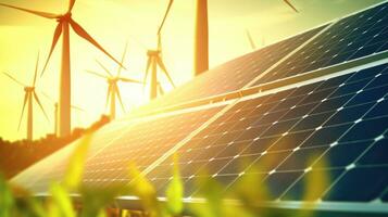 Solar panels and wind turbines in a field. Alternative energy sources. photo