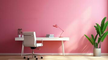 Minimalist office interior design with pink chair and desk photo