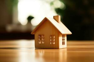 a wooden house in table, real estate concept photo