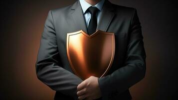 Businessman holding shield with cyber security concept. photo