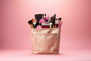 compras bolso con maquillaje cepillos en rosado fondo, belleza y Moda concepto foto