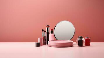 Cosmetic products on a pink background photo