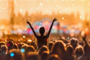 Crowd at concert - rear view of happy young woman with raised hands photo