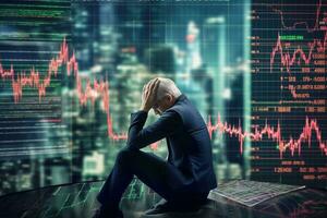 Thoughtful young businessman sitting on chair with forex chart on background. Stock market concept. Double exposure photo