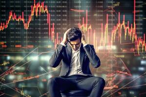 Thoughtful young businessman sitting on chair with forex chart on background. Stock market concept. Double exposure photo