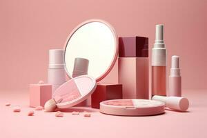 Cosmetic products on a pink background photo