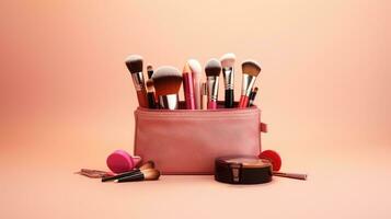 Cosmetic products on a pink background photo
