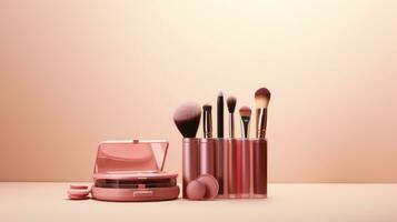 Cosmetic products on a pink background photo