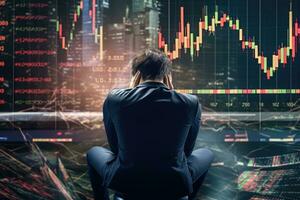 Thoughtful young businessman sitting on chair with forex chart on background. Stock market concept. Double exposure photo