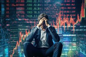 Thoughtful young businessman sitting on chair with forex chart on background. Stock market concept. Double exposure photo