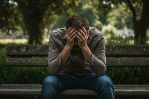 Man sitting on bench in garden and covering his face with hands, man in depression photo