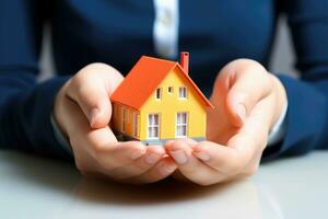 Real estate agent or real estate agent is showing house model to customer. photo