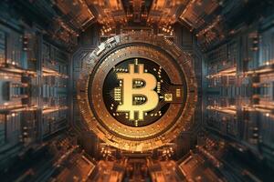 Bitcoin on circuit board background. Cryptocurrency concept photo