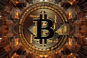 Bitcoin cryptocurrency coin on abstract background. Cryptocurrency concept. photo