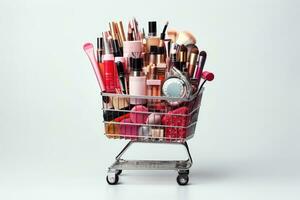 Shopping cart full of makeup products isolated on white background with copy space photo