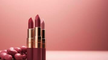 Lipstick on pink background with copy space photo