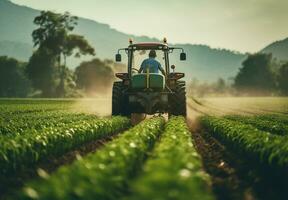 Agricultural tractor with attachments drives through farm field and agricultural background photo