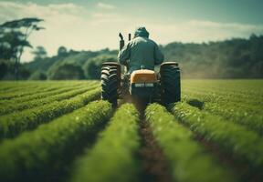 Agricultural tractor with attachments drives through farm field and agricultural background photo