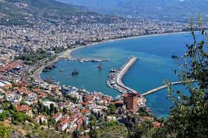 summer view of the city and the sea from the hill in Alanya, Turkey on a warm sunny day photo