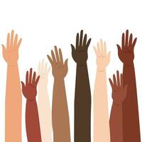 Hands raised, different people from different ethnic groups. Racial equality. Multicultural community integration. Vector illustration