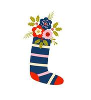 Santa sock with flowers. Christmas stockings. Winter cozy holidays. Home festive decoration. Merry Christmas and Happy New year. vector