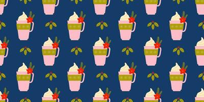 Hot winter drinks with cream seamless pattern, background. Christmas and New Year mugs and cups with festive flowers. Retro vintage nostalgia. Wrapping paper, backdrop. vector