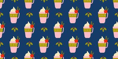 Hot winter drinks with cream seamless pattern, background. Christmas and New Year mugs and cups with festive flowers. Retro vintage nostalgia. Wrapping paper, backdrop. vector