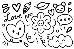 Doodle hand drawn with black line. Cat ,dog, cloud, heart, sparkle, rabbit, flower, arrow for element vector