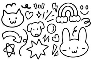 Doodle hand drawn with black line. Cat ,dog, cloud, heart, sparkle, rabbit, flower, arrow for element vector