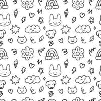 Doodle hand drawn outline seamless pattern background. Cat ,dog, cloud, heart, sparkle, rabbit, flower for wrapping, wallpaper vector