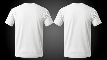 Man's White t-shirts front and back. Mockup for design. Copy space. Isolated on black background. Layout, template. Clothing store, magazine, booklet, poster, brochure, advertisement. AI Generated photo