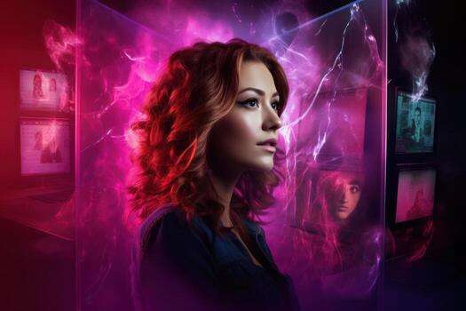 Girl in virtual reality. A young red-haired girl looks with admiration and surprise at the virtual reality surrounding her. Game reality. Concept of games and futuristic entertainment. AI Generated photo